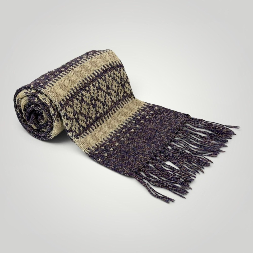 Eastern Mountain‎ Sports Wool Scarf Purple Fair Isle Fringe USA Winter Knit